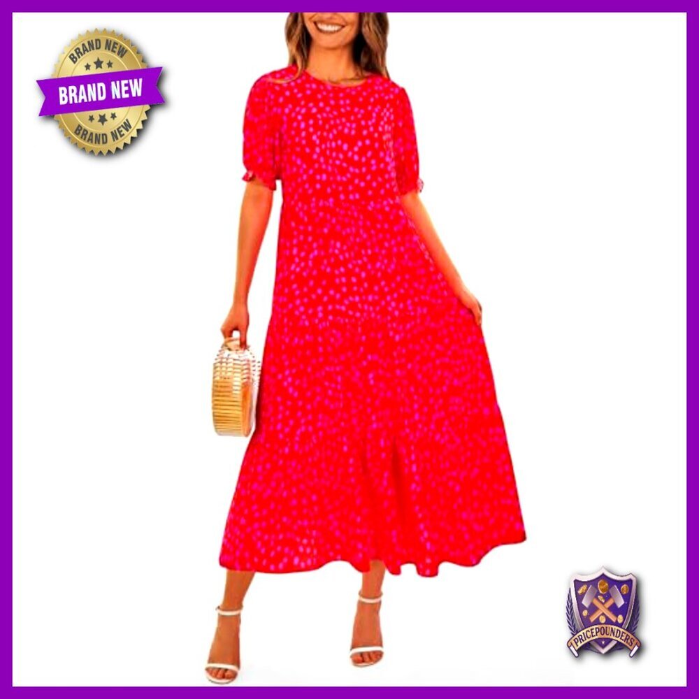 Floral Boho Midi Dress Casual Puff Sleeve Flowy Summer Beach Vacation Sundress - Picture 5 of 7